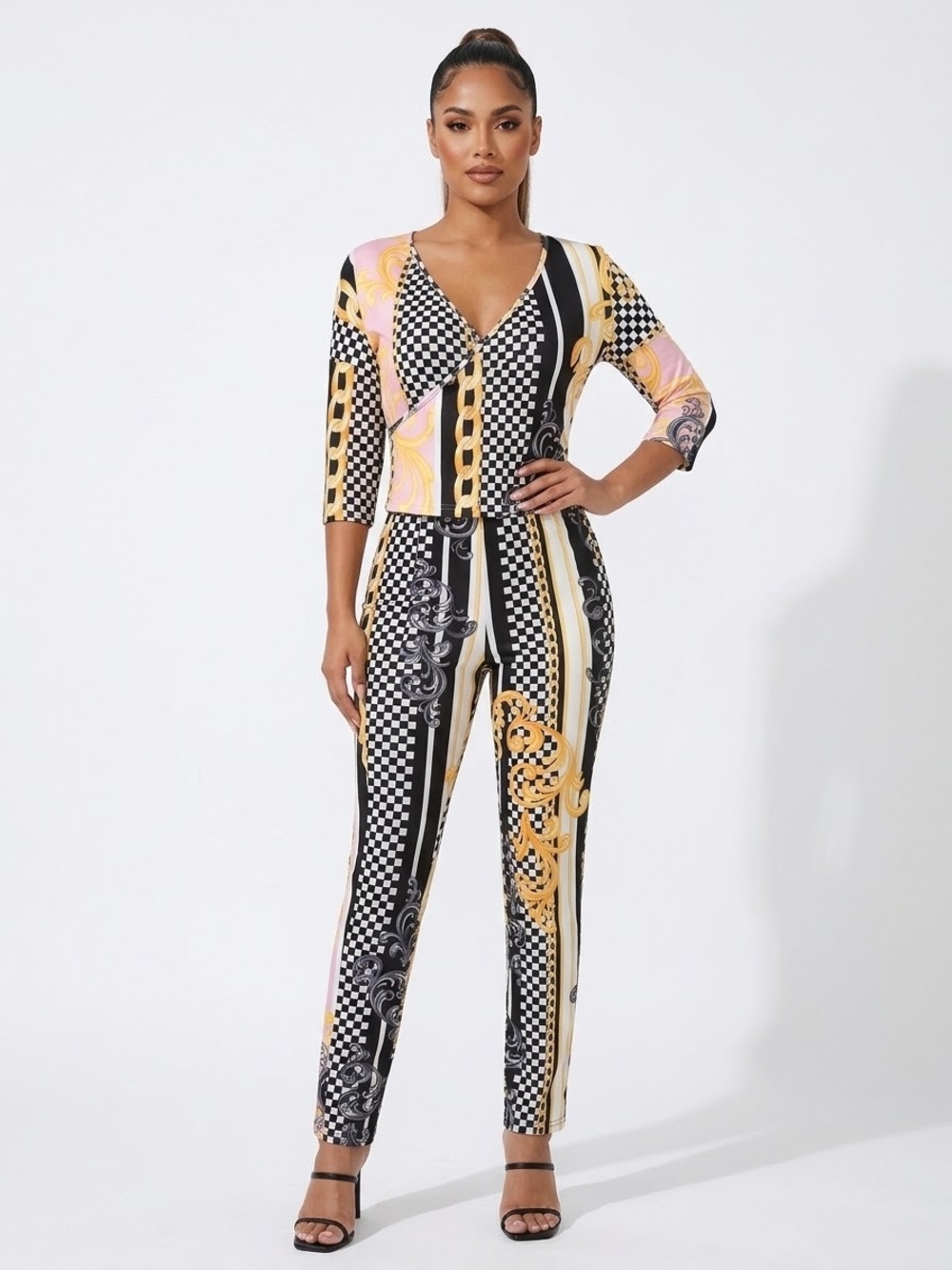 V-Neck Patterned Set in Black, Yellow & Pink